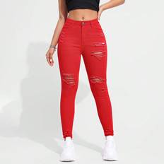 Red Jeans Shein Solid Color Slim Fit Ripped Denim Jeans