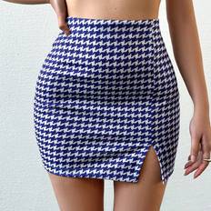 Fabric Skirts Shein Women'S Houndstooth Split Hem Midi Skirt