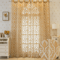 Gardiner & Tillbehör Shein 1pc European Style Hollowed Out And Cut Flower Pattern Half-Translucent Window Curtains For Decor, Gold