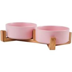 Geni-Store PINK Pet Bowl Dish With Wood Stand