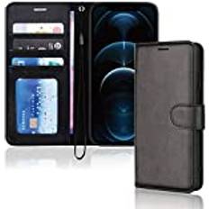 Apple iPhone 12 Pro Max Wallet Cases TechGear Black iPhone 12 Pro Max PU Leather Wallet Case, Flip Protective Case Cover with Wallet Card Holder, Stand and Wrist Strap with Magnetic Closure