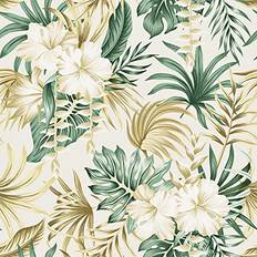 Westick WESTICK Tropical Wallpaper Peel and Stick Floral Contact Paper Modern Plant Green Leaf and Hibiscus Flower Wall Paper Waterproof Bathroom Botanical Vinyl Film Roll for Nursery Cabinets 17.5 x 118 in