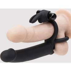 LoveHoney Double Fun Realistic Vibrating Rabbit Double Penetration Strap On 6 Inch Silicone Dildo with 2 Bullet Vibrators Waterproof Black