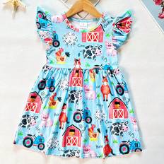 M Dresses Shein Cartoon Farm Spring/Summer/Autumn Casual Dress For Young Girls, With Chicken, Cow And House Design