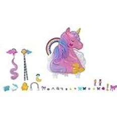 Polly Pocket HMX18 Mini-Spielzeug, Regenbogen-Einhorn-Salon-Styling-Kopf und Schatullen-Spielset mit 2 kleinen Puppen, 25 Zubehörteilen und beweglichen Spielelementen, ab 4 Jahren