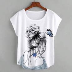 Florals T-shirts Shein Butterfly Girl Printed Batwing Sleeve TShirt - Womens