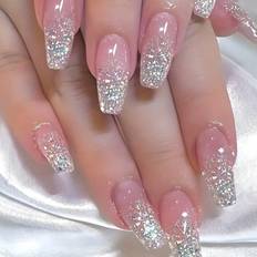 Pink False Nails Shein Coffin Shaped Long False Nails With Glitter Sequin - Pink