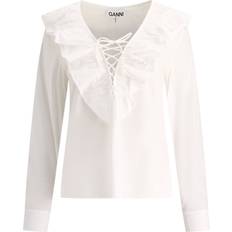 Organic Fabric Blouses Ganni CottonPoplin Ruffle V-neck Blouse in White Women's