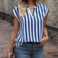 White Blouses Shein Niay Notched Collar Stripe Blouse