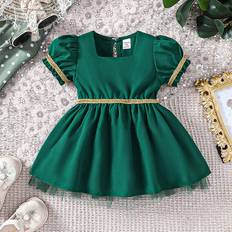 Shein Baby Girl's Vintage Style Dark Green Ramadhan Fashion Glittering Tape Sweet Bubble Sleeve Mesh Dress