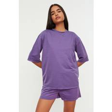 Nachtwäsche Trendyol Collection Damen Purple Bike Collar Oversize Knitted Kit Pajama Set, Lila