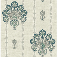 Seabrook Designs Caspien Damask Stripe Unpasted Wallpaper Metallic Pearl, Green & Blue