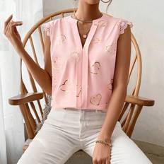 Gold - Women Blouses Shein Gold Heart Printed Notch Neckline Blouse With Lace Detailing