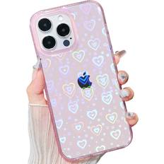 SmoBea Compatible with iPhone 14 Pro Max Case No Fit iPhone 14 Plus Holographic Laser Bling Pink Heart Soft & Flexible TPU and Hard PC Shockproof Cover Women Girls Phone Case Heart/Clear