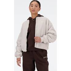 New Balance Women Outerwear New Balance Women's Linear Heritage Woven Bomber Jacket in Grey Polywoven