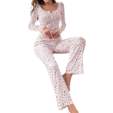 Blommiga Pyjamasar Shein Toddler Girls' Ribbed Pajama Set With Small Rose Pattern Printing