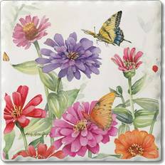 Green Coasters CounterArt Zinnias Butterflies Single Image Absorbent Stone Tumbled Tile Coaster 4