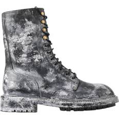 Dolce & Gabbana Lace Boots Dolce & Gabbana Black Gray Leather Mid Calf Boots Shoes EU42.5/US9.5