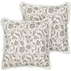 Cotone Copricuscini Beliani Set di 2 Cuscini In Cotone Bianco E Grigio Fatti A Mano Con Stampa Floreale Quadrati 45 x 45 cm Copricuscino Bianco (45x45cm)