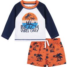 Swimsuits Gerber Gerber Boys' Toddler Long Sleeved Rashguard Swim Bathing Suit Set, Blue Beach, Months