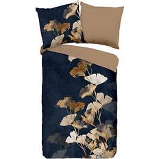 Percale Copripiumini Good Morning Baumwoll-Bettwäsche 135x200 Premium Ginkgo Dunkelblau Gold 30891 Copripiumino