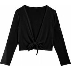 Kids Girls Ballet Dance Top Sport Yoga Gym Tops Long Sleeves Front Wrap Mesh Dance Cover Up Cardigan Shrug Tops for Dancing Coat Black One