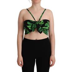 Dolce & Gabbana Black Tank Tops Dolce & Gabbana Black Green Leaf Silk Halter Cropped Women's Top