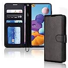TechGear Galaxy A21s Leather Wallet Case, Flip Protective Case Cover with Wallet Card Holder, Stand and Wrist Strap Black PU