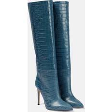 Croc-Effect Leather Knee-High Boots - Blue