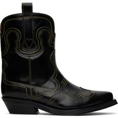 Ganni Black Low Shaft Embroidered Western Boots 864 Black/Yellow IT