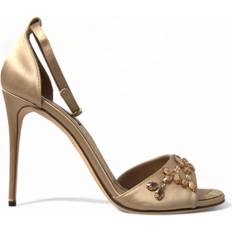 40 ½ - Gul Sandaler med hæl Dolce & Gabbana Gold Satin Ankle Strap Crystal Sandals Shoes EU38.5/US8