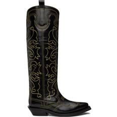 Ganni High Boots Ganni Knee-High Embroidered Western Boots in Black/Yellow Calf Leather/Leather Women's