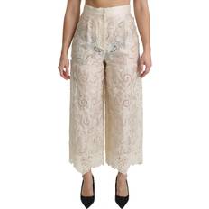 Cropped Trousers Dolce & Gabbana Cream Lace High Waist Palazzo Cropped Pants IT44