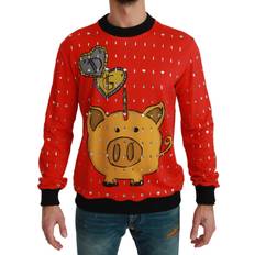 Dolce & Gabbana Red Tops Dolce & Gabbana Red Crystal Pig of the Year Men's Sweater