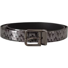 Dolce & Gabbana Grey Belts Dolce & Gabbana Gray Herringbone Leather Gray 3D Metal Buckle Belt