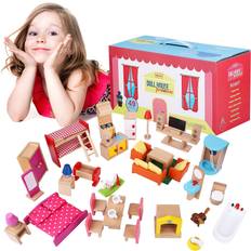Premium Wooden Dollhouse Furniture Set 49PCS