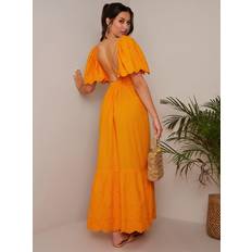 Chi Chi London Broderie Anglaise Sleeve Poplin Maxi Dress in Orange