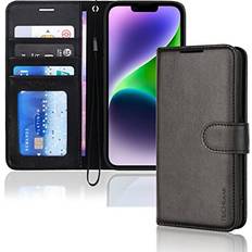 iPhone 14 plånboksfodral läderfodral med skyddsklaff, kortfack, stativ och rem, svart PU-läder kompatibel med iPhone 14 6,1 tum