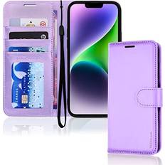 Apple iPhone 14 Wallet Cases TechGear iPhone 14 Leather Wallet Case, Flip Protective Case Cover with Wallet Card Holder, Stand and Wrist Strap Purple PU Leather with Magnetic