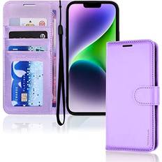 iPhone 14 Leather Wallet Case, Flip Protective Case Cover with Wallet Card Holder, Stand and Wrist Strap Purple PU Leather with Magnetic