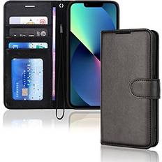 TechGear iPhone 13 Mini Leather Wallet Case, Flip Protective Case Cover with Wallet Card Holder, Stand and Wrist Strap Black PU Leather with