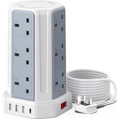 Tower Extension Lead 5M, 12 Way Outlets Multi Plug Extension Tower with 4 USB Slots 1 Type C & 3 USB Ports Surge Protector Long Extension Lead