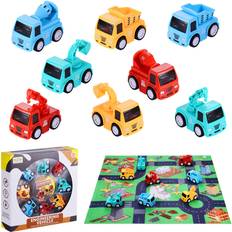 Plastic Tow Trucks Beestech 8 Pack Mini Cars Toys for Toddlers, 2,3 Years Old Boys with Play Mat, Friction Powered Construction Truck Toys for 2 Year Old Boys Play Set