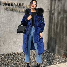Cheerart Thicken Winter Velvet Long Down Jacket Parka Women Fur Hood Quilted Coat Anorak Overcoat Female Snow Wear Black One