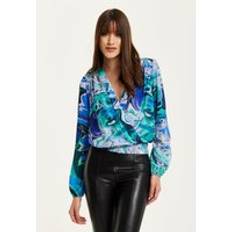 Liquorish Turquoise Marble Print Wrap Top Blue