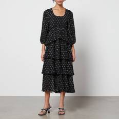 Ganni Logo-Print Pleated Georgette Midi Dress 34/UK Black
