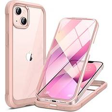 Miracase Compatible with iPhone 13 6.1inch, [Built-in Glass Screen Protector] Full Body Rubber Bumper Clear Back Cover Sand Pink