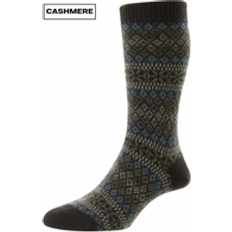 Pantherella Mens Sherborne Fair Isle Cashmere Sock in Dark Green/Brown Pattern Fabric 9-12 Brown/Green