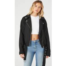 Forever 21 Women Outerwear Forever 21 Women's Asymmetrical French Terry Moto Jacket in Washed Black Washed Black