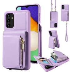 Wallet Cases ELEHOLD Zipper Wallet Case for Samsung Galaxy A13 4G Premium Leather with Organ Card Holders Zipper Purse Stand Function Detachable Long & Short Strap Crossbody Luxury Case Purple